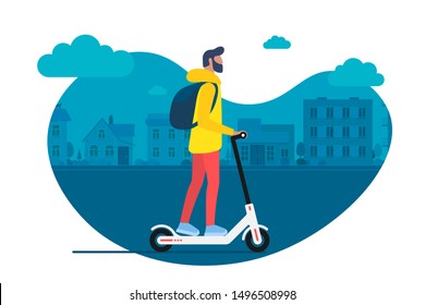 Young male character with backpack ride modern urban transport electric kick scooter. Active hipster adult millennial uses lifestyle ecology technologies. Vector illustration youth on cityscape