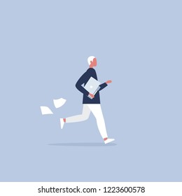 Young male character being late for a meeting. Office morning routine. Millennials at work. Flat editable vector illustration, clip art