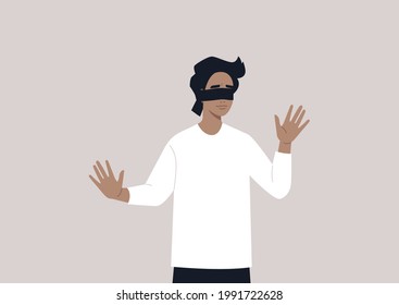 A young male character with blindfolded eyes trying to find the way out