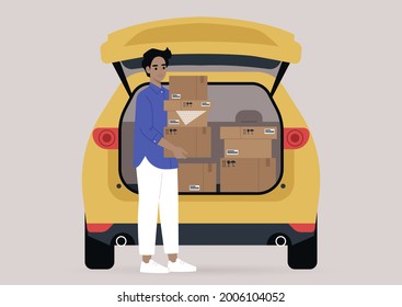 Young male character carrying cardboard boxes with personal belongings packed in them, a moving out scene