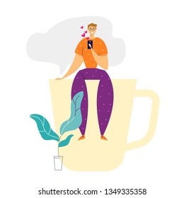 Young Male Character Chatting via Smartphone and Drinking Coffee. Man Sending Message Using Social Media Network with Mobile Phone. Vector flat illustration