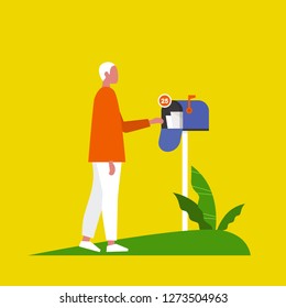 Young male character checking the mailbox. Paper letter. Correspondence / flat editable vector illustration, clip art