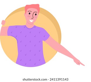 Young male character with a cheerful expression, pointing and smiling. Casual attire, modern style, positive vibes. Communication and happy emotions vector illustration