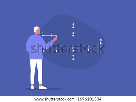 Young male character connecting the dots, step by step strategic plan, problem solving