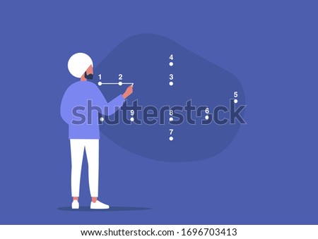 Young male character connecting the dots, step by step strategic plan, problem solving