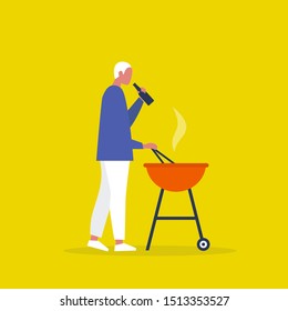 Young male character cooking dinner on the BBQ and drinking a beer. Outdoor leisure. Barbecue. Flat editable vector illustration, clip art