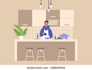 Young male character cooking food at home, healthy lifestyle, culinary blog