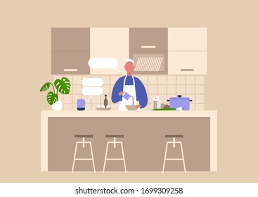 Young male character cooking food at the kitchen, healthy lifestyle, culinary blog, home assistant help, smart house