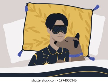 A young male character cuddling with their puppy in bed, weekend time, luxury bedding with patterns and tassels