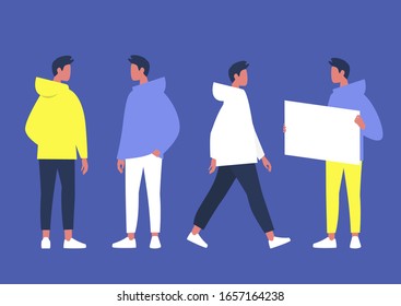 Young male character design set, different poses - rear view, front view, walking and holding a poster