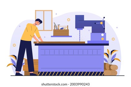 Young male character is doing carpentry work in studio. Carpenter cutting wooden planks with saw, sawing tree trunk using drilling machine in workshop. Flat cartoon vector illustration