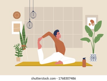 Young male character doing stretching exercises, mindfulness and meditation,  yoga studio