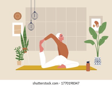 Young male character doing stretching exercises, mindfulness and meditation,  yoga studio