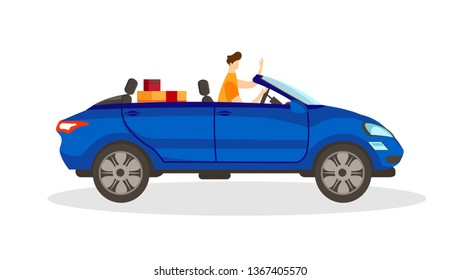 Young Male Character Driving Blue Convertible Car with Boxes on Back Seat Isolated on White Background. Happy Owner. Man Sitting Relaxed in Newly Bought Auto Cartoon Flat Vector Illustration. Clip Art