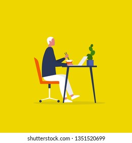 Young male character eating an asian take away lunch and working on the computer. Modern manager. Workaholic. Millennials at work. Flat editable vector illustration, clip art