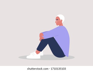 Young male character embracing their knees, emotional stress, mental health