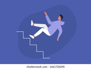 Young male character falling from a staircase, misfortune, failure concept