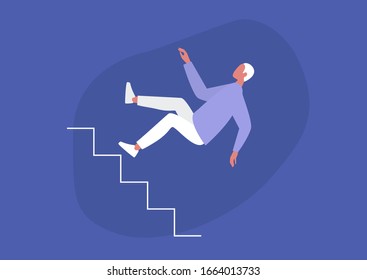 Young male character falling from a staircase, misfortune, failure concept