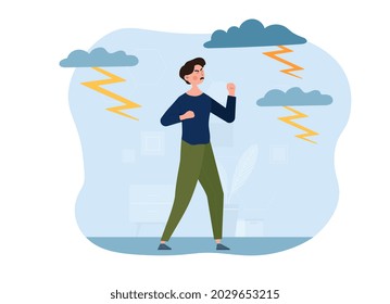 Young male character is feeling anger and rage surrounded by lightnings. Negative emotions, aggression and psychological problems. Man in stressful situation. Flat cartoon vector illustration