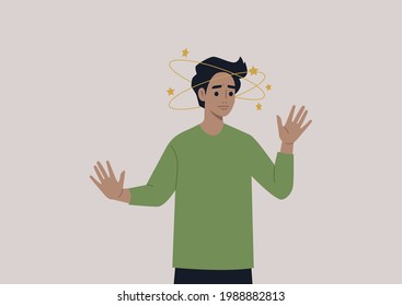 A young male character feeling dizzy with yellow stars orbiting around their head