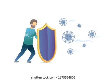 Young male character fighting the coronavirus with shield. Coronavirus attack. Health defense. Epidemic MERS-CoV virus 2019-nCoV. Vector flat illustration concept on white background.

