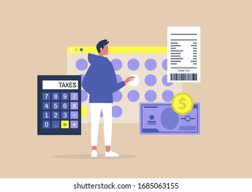 Young male character filing a tax return, Declaring an income