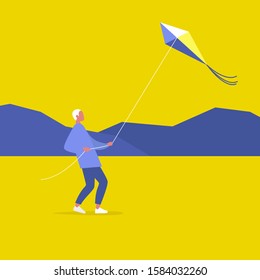 Young male character flying a kite outdoor, leisure pursuit