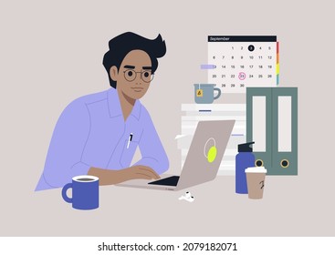 A young male character focused on their work, a workplace scene, daily routine