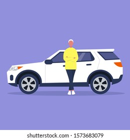 Young male character in full length leaning against a sport car, flat vector illustration