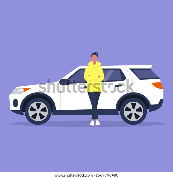 Young male character in full length\
leaning against a sport car, flat vector\
illustration