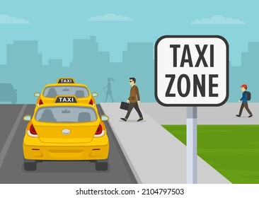 Junge männliche Figur, die in ein gelbes Taxi kommt. Parkplatz für das City Taxi. Rückansicht. Flache Vektorgrafik-Vorlage.