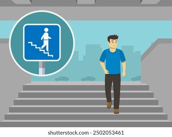 Young male character going downstairs of an underground. British "stepped entrance to a subway" sign meaning. Flat vector illustration template.