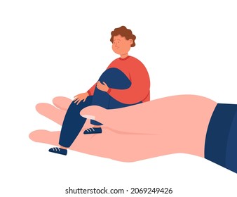 Young male character in grief sitting on hand palm. Counseling session with patient flat vector illustration. Psychological assistance, psychotherapy counselor, help and support concept