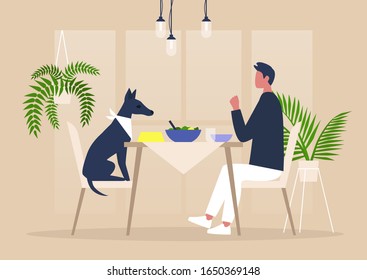 Young Male Character Having Dinner With Their Dog At The Table, Pampered Animals, Millennials Being Crazy Over Dogs