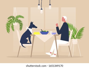 Young Male Character Having Dinner With Their Dog At The Table, Pampered Animals, Millennials Being Crazy Over Dogs