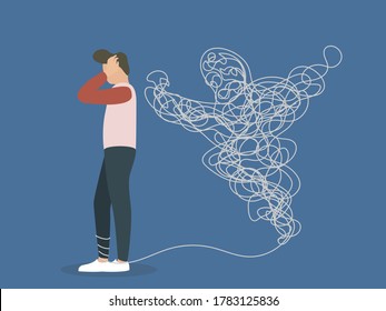 Young male character having a panic attack, an imaginary rope monster , mental health issues illustration, psychology