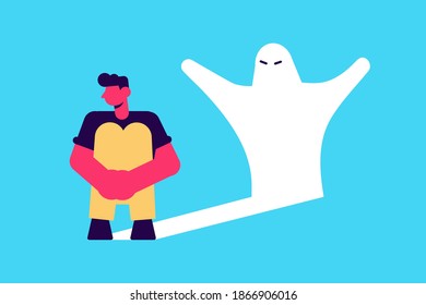 Young male character having a panic attack, an imaginary monster shadow silhouette, mental health issues, psychology