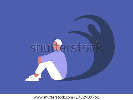 Young male character having a panic attack, an imaginary monster shadow silhouette, mental health issues, psychology