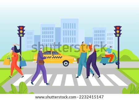 Young male character help to old man crossing street, volunteer person pedestrian elderly people flat vector illustration.