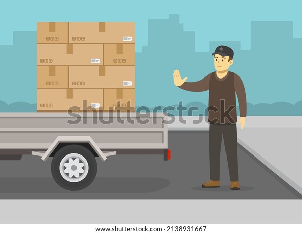 Young male character helps to reverse trailer\
safely and shows stop gesture. Freight shipping scene. Flat vector\
illustration template.