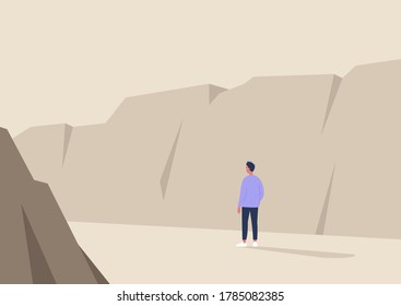 Young male character hiking in wild nature, canyon landscape, travel scene, national park
