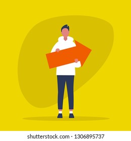 Young male character holding a big red arrow. Success. Growth. Efficient management. Flat editable vector illustration, clip art