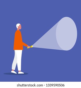 Young male character holding a flashlight. Your text here / Flat editable vector illustration, clip art