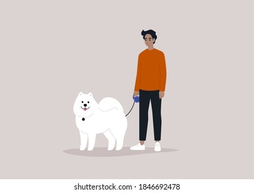 A young male character holding a fluffy Samoyed puppy on a leash, walking a dog scene