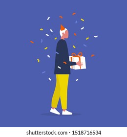 Young male character holding a gift box. A Birthday party. Anniversary. Celebration. Flat editable vector illustration, clip art