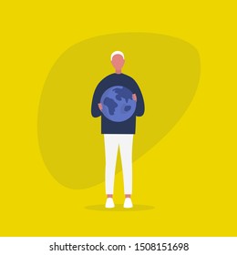 Young male character holding a globe. Sustainability. Ecology. Environmental conversation. Protection and safety. Future. Flat editable vector illustration, clip art