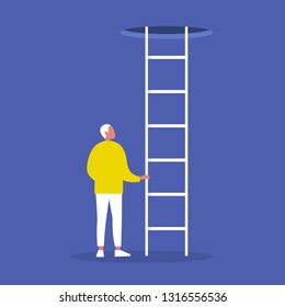 Young male character holding a ladder. Going up. Successful career. Opportunities. Conceptual vector illustration, clip art