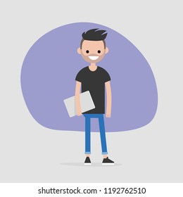 Young male character holding a laptop. Modern office worker. Millennial. Lifestyle. FLat editable vector illustration, clip art