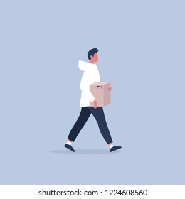 Young male character holding a parcel. Delivery service. Online shipping / Flat editable vector cartoon, clip art