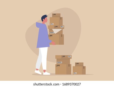 Young male character holding a pile of cardboard boxes, delivery service, courier